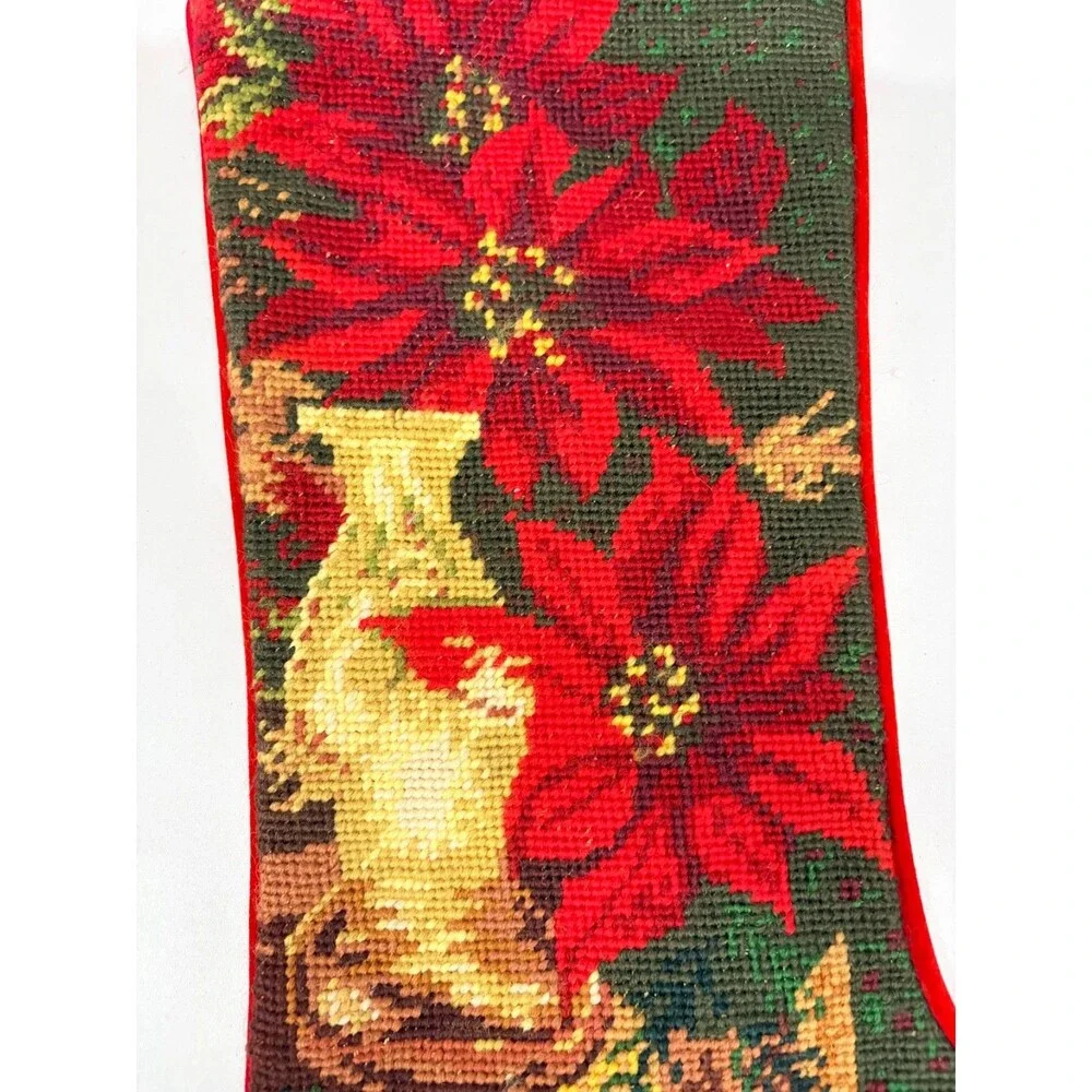 Vtg Wool Needle Point Christmas Stocking Red Velvet Poinsettias Oil Lamp